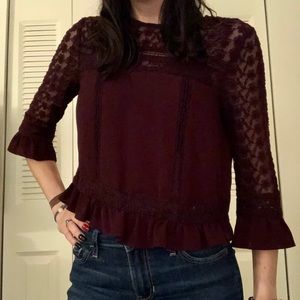 Sheer patterned maroon 3/4 sleeve open back